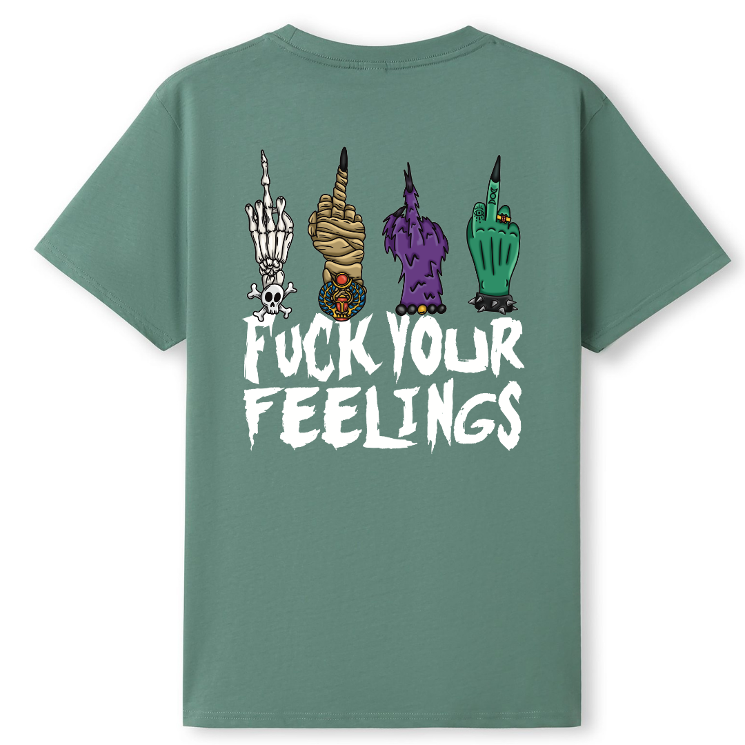 A slate green oversized tee shown from the back, with the Fuck Your Feelings graphic printed large across the back, skeleton, mummy, werewolf and witch hands flipping the bird.