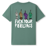 A slate green oversized tee shown from the back, with the Fuck Your Feelings graphic printed large across the back, skeleton, mummy, werewolf and witch hands flipping the bird.