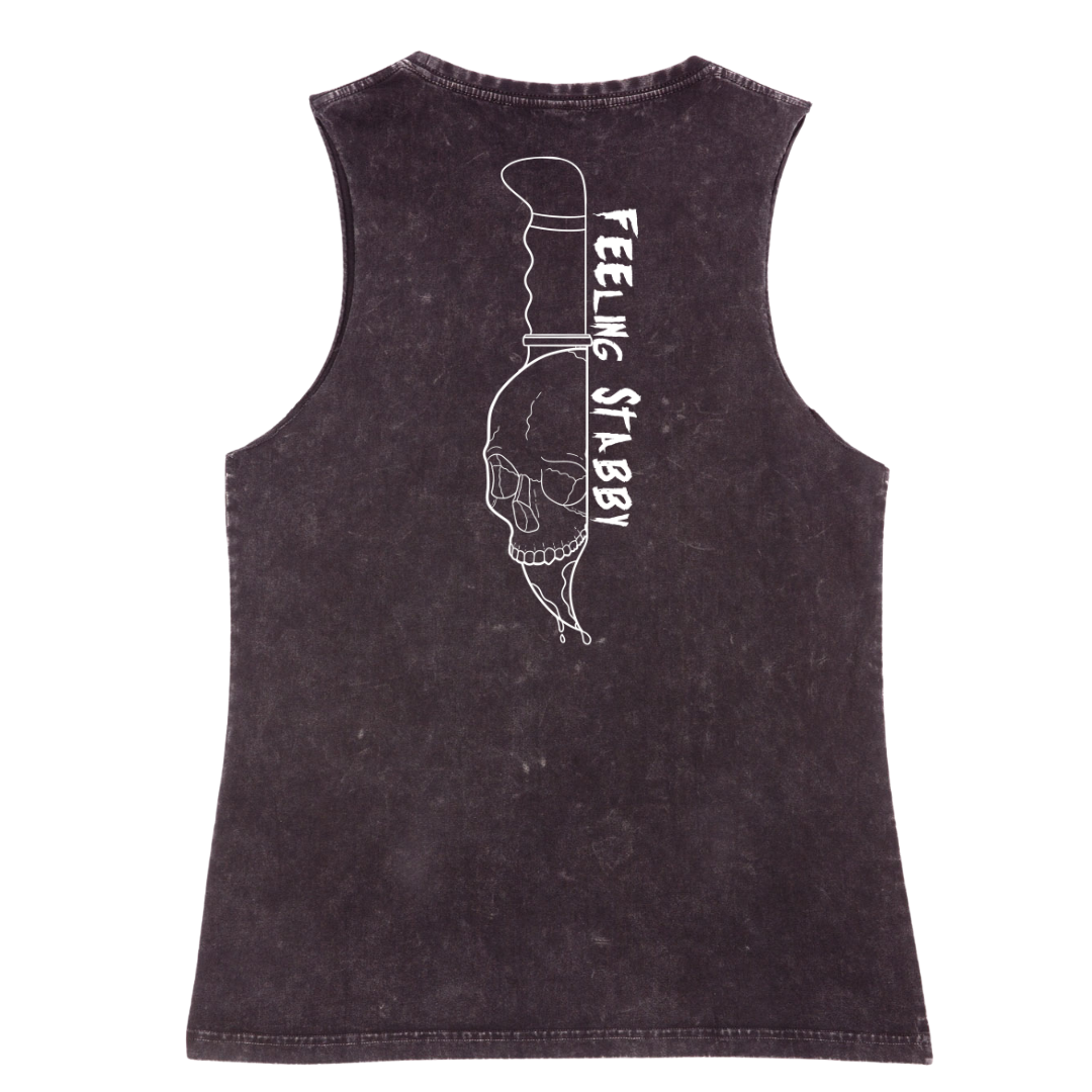 A black stone washed tank shown from the back, with the Feeling Stabby graphic printed large across the back, a line drawn skull on a knife blade.