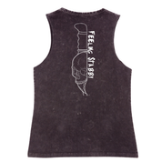 A black stone washed tank shown from the back, with the Feeling Stabby graphic printed large across the back, a line drawn skull on a knife blade.