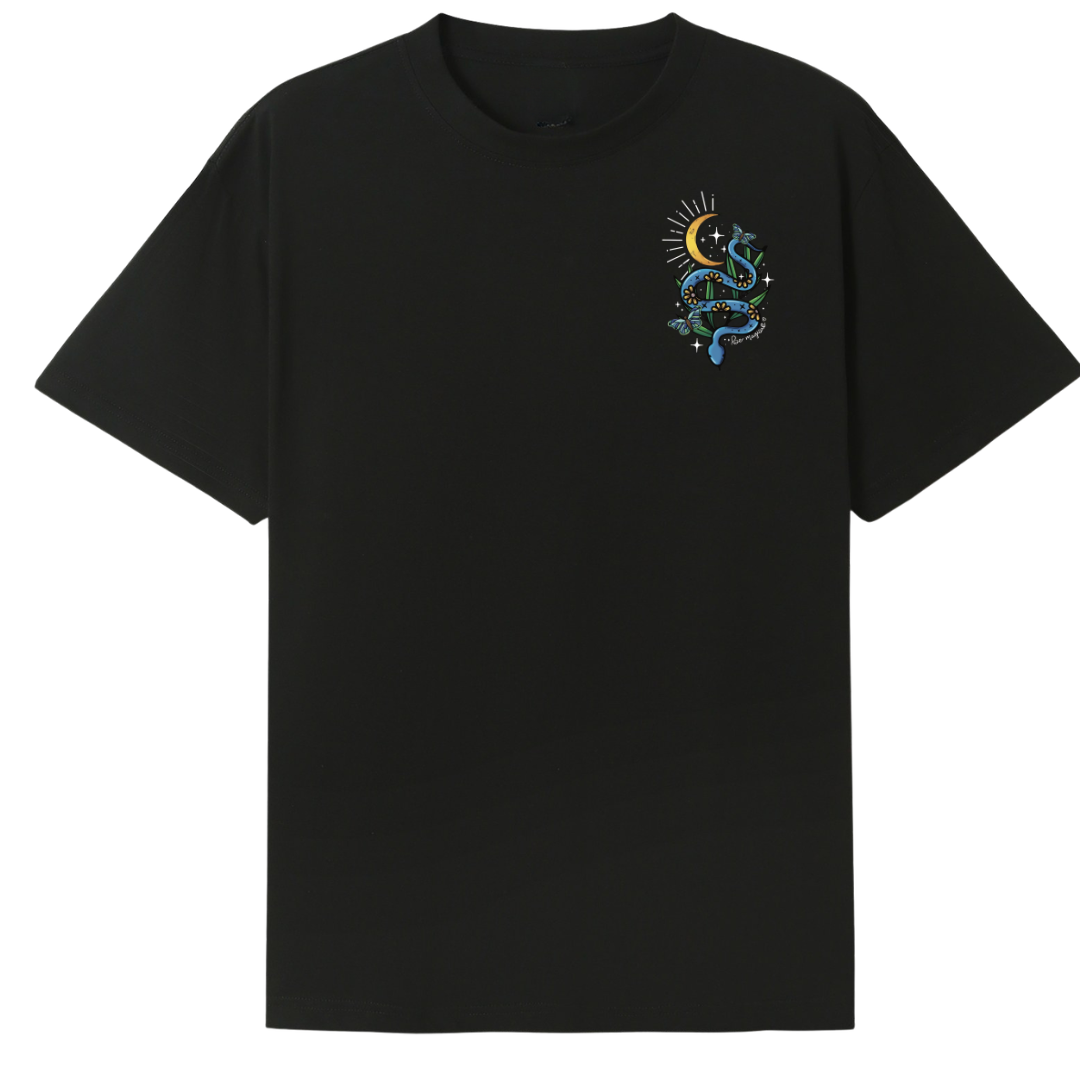 A black oversized tee with a small Be Magic snake graphic on the left chest.