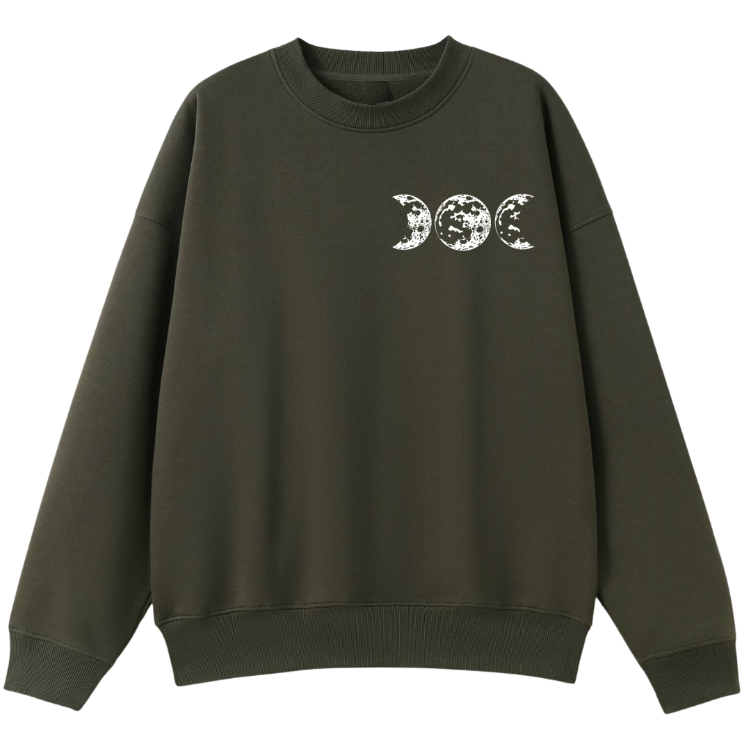 An army green oversized crew neck with a small Support Your Local Coven graphic on the left chest.