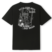 A black oversized tee shown from the back, with the We'll Come Back Again graphic printed large across the back, a crow on a tarot card framed by flowers.