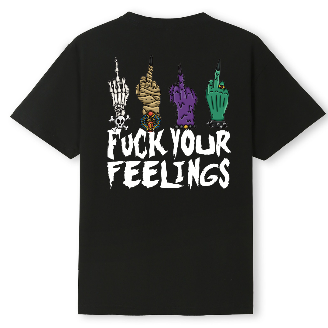 A black oversized tee shown from the back, with the Fuck Your Feelings graphic printed large across the back, skeleton, mummy, werewolf and witch hands flipping the bird.