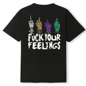 A black oversized tee shown from the back, with the Fuck Your Feelings graphic printed large across the back, skeleton, mummy, werewolf and witch hands flipping the bird.