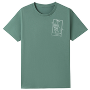 A slate green oversized tee with a small We'll Come Back Again graphic on the left chest.
