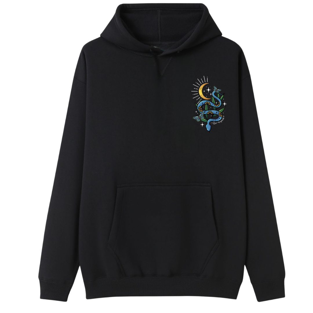 A black oversized hoodie with a small Be Magic snake graphic on the left chest.
