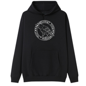 A black oversized hoodie with the Support Your Local Murder graphic printed large on the front, a crow inside a circular badge.