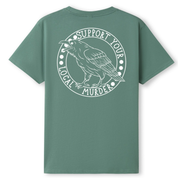 A slate green oversized tee shown from the back, with the Support Your Local Murder graphic printed large across the back, a crow inside a circular badge.