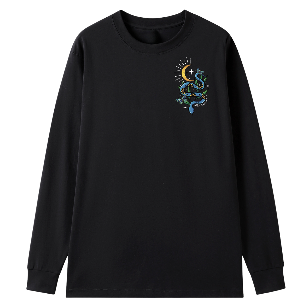 A black long sleeve tee with a small Be Magic snake graphic on the left chest.
