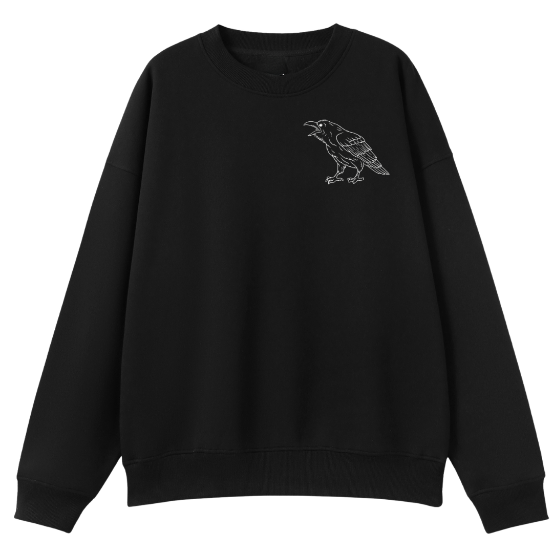 A black oversized crew neck with a small Support Your Local Murder graphic on the left chest.