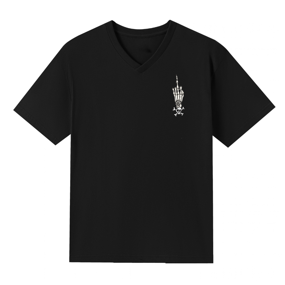 A black V neck oversized tee with a small Fuck Your Feelings graphic on the left chest.