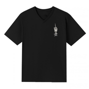 A black V neck oversized tee with a small Fuck Your Feelings graphic on the left chest.