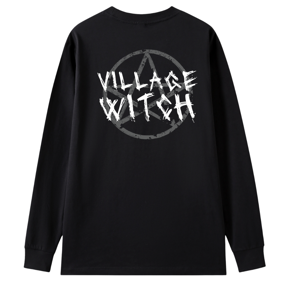 A black long sleeve tee shown from the back, with the Village Witch graphic printed large across the back, scratchy lettering over a weathered pentagram.