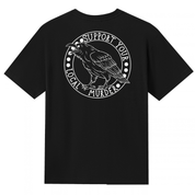 A black V neck oversized tee shown from the back, with the Support Your Local Murder graphic printed large across the back, a crow inside a circular badge.
