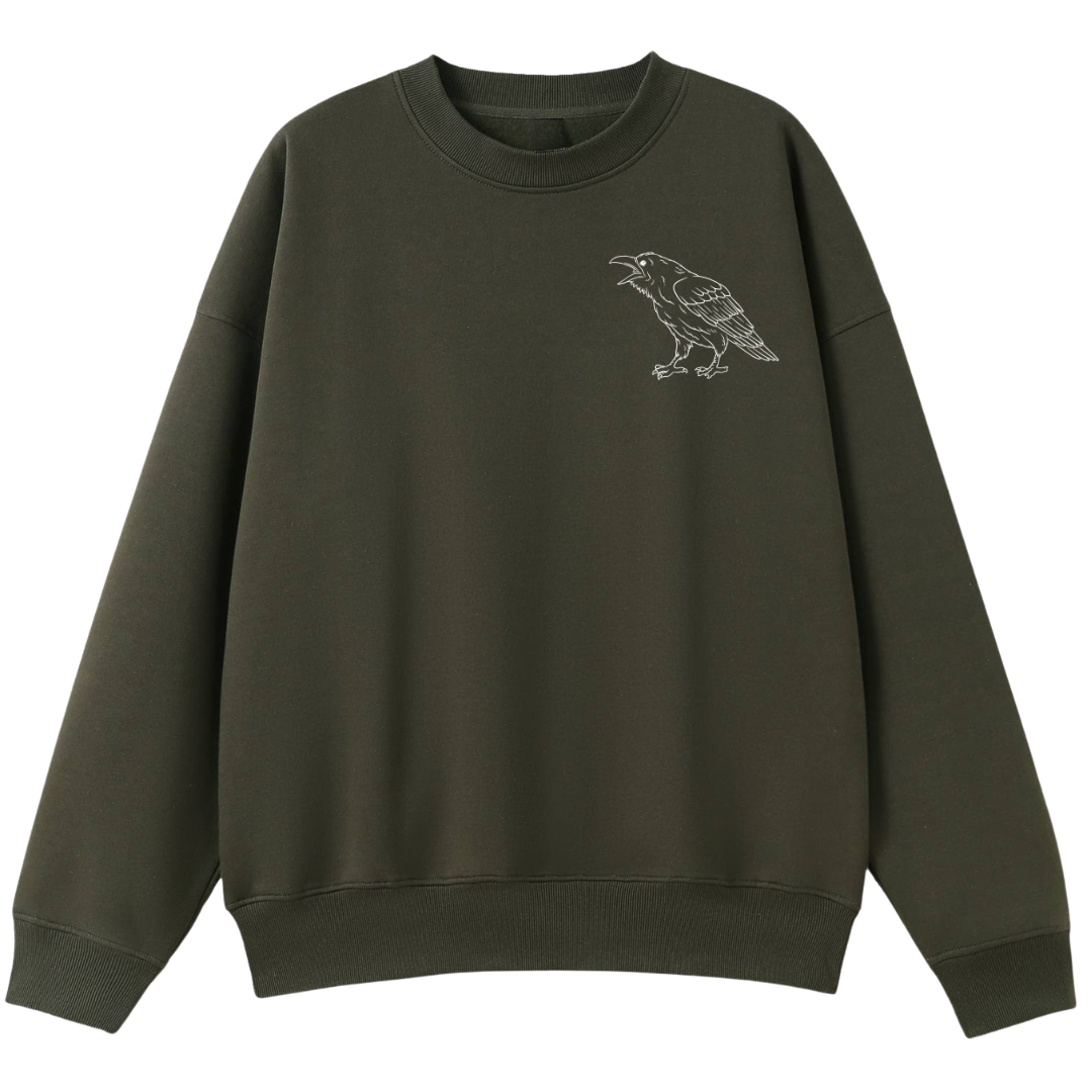 An army green oversized crew neck with a small Support Your Local Murder graphic on the left chest.