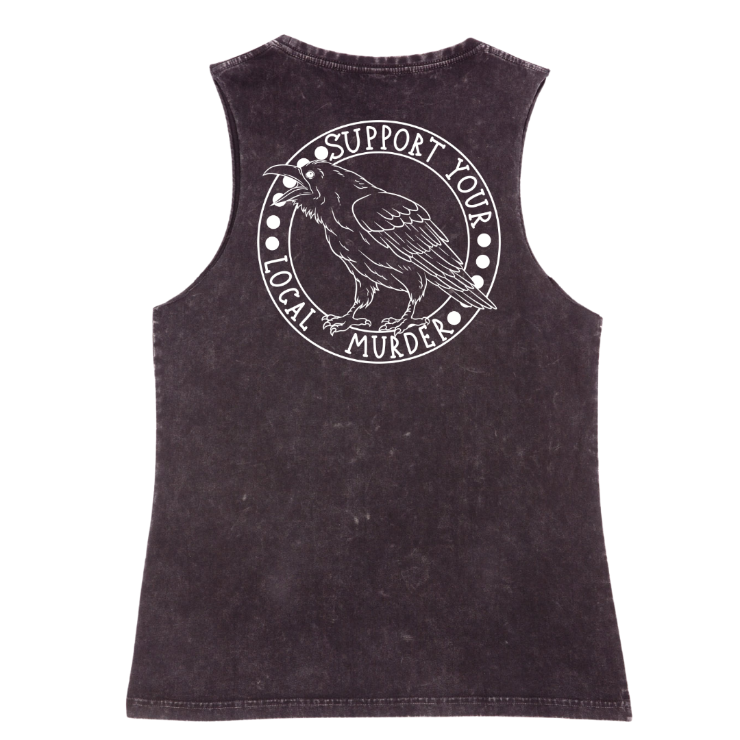A black stone washed tank shown from the back, with the Support Your Local Murder graphic printed large across the back, a crow inside a circular badge.