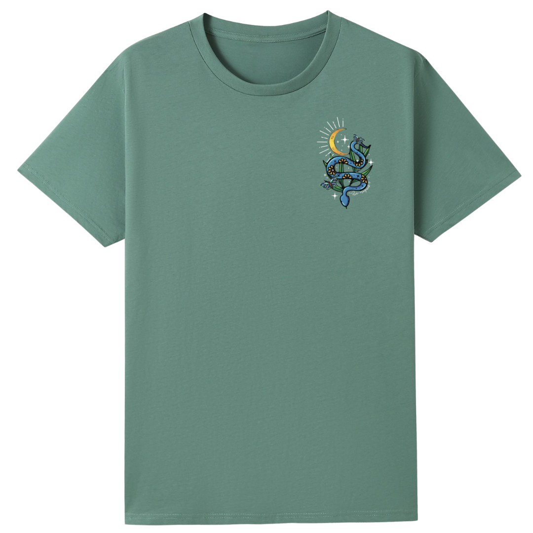 A slate green oversized tee with a small Be Magic snake graphic on the left chest.