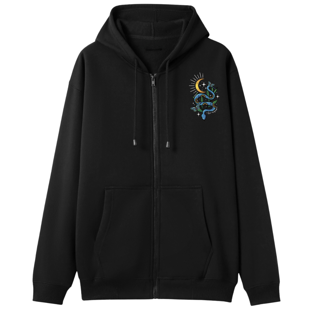 A black oversized zip up hoodie with a small Be Magic snake graphic on the left chest.