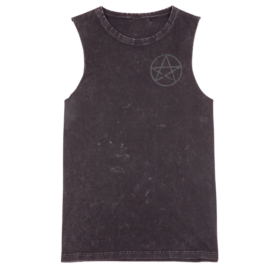 A black stone washed tank with a small Village Witch graphic on the left chest.