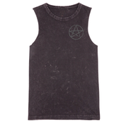 A black stone washed tank with a small Village Witch graphic on the left chest.