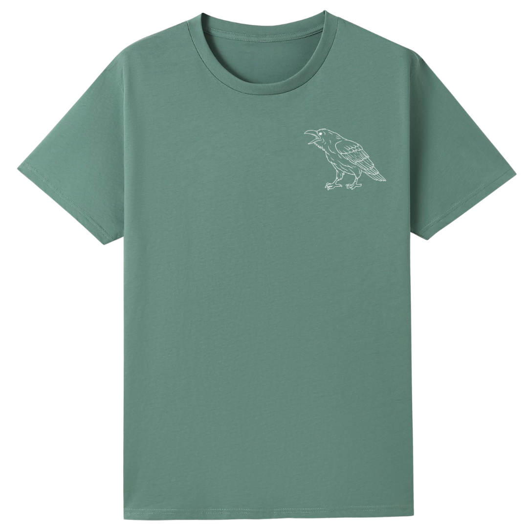 A slate green oversized tee with a small Support Your Local Murder graphic on the left chest.