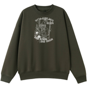 An army green oversized crew neck with the We'll Come Back Again graphic printed large on the front, a crow on a tarot card framed by flowers.