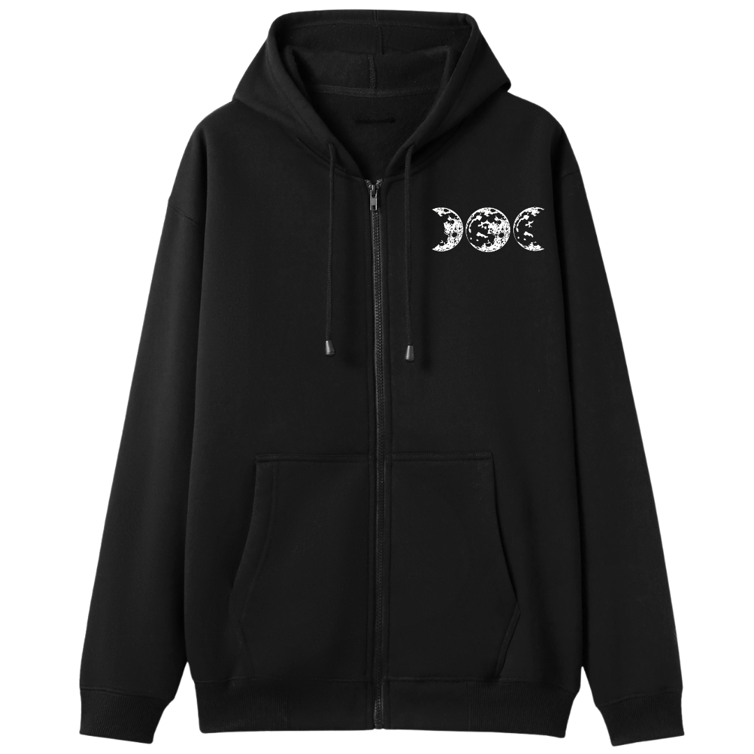A black oversized zip up hoodie with a small Support Your Local Coven graphic on the left chest.