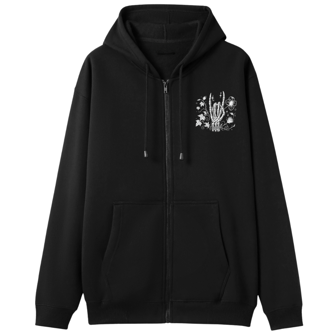 Black zip up hoodie front chest print of a floral skeleton rock-on hand