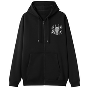 Black zip up hoodie front chest print of a floral skeleton rock-on hand