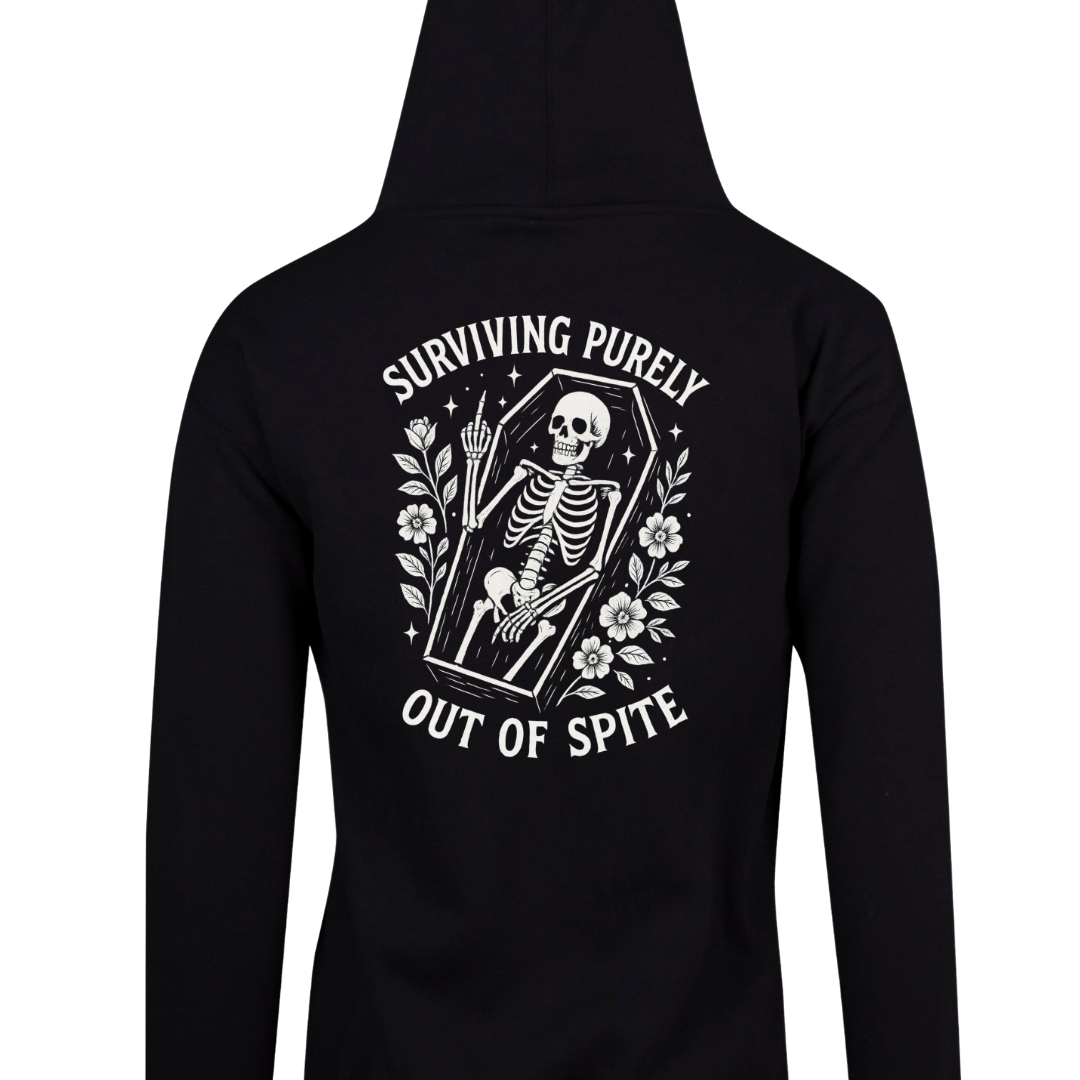 Black zip up hoodie back print of a floral coffin skeleton reading Surviving purely out of spite