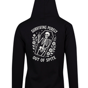 Black zip up hoodie back print of a floral coffin skeleton reading Surviving purely out of spite