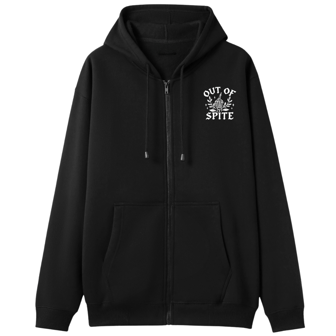 Black zip up hoodie front chest print reading Out Of Spite