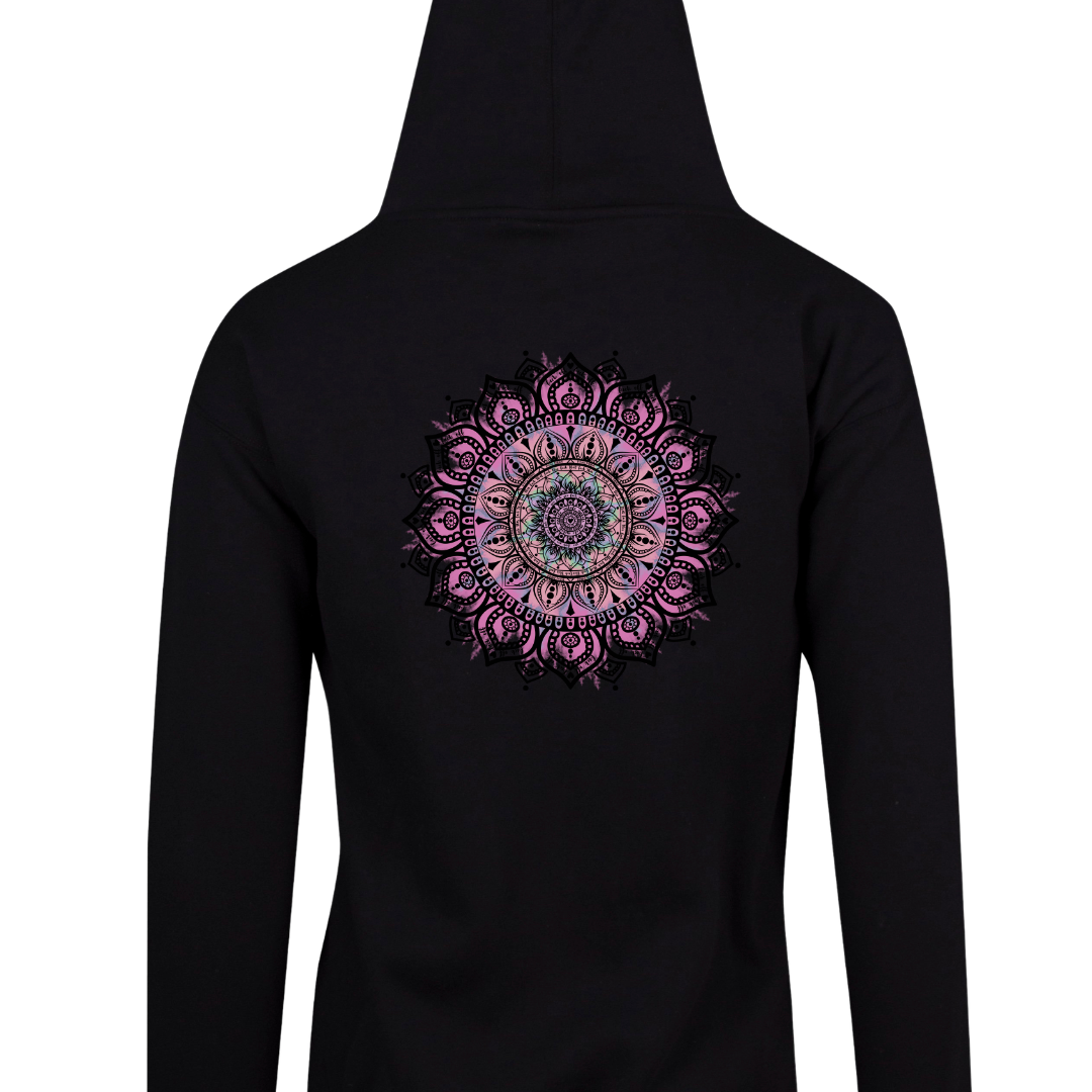 Black zip up hoodie back print of a pink and purple watercolour mandala