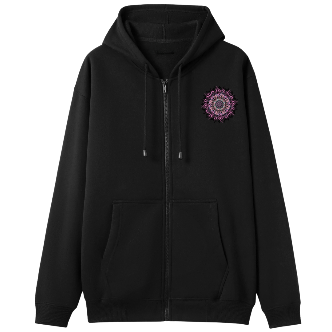 Black zip up hoodie front chest print of a pink and purple watercolour mandala