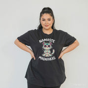 Namaste bold graphic print detail oversized black cotton tee plus size women's Australia