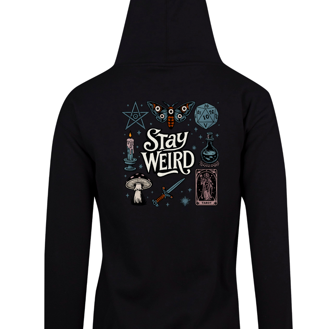 Black zip up hoodie back print of occult icons around Stay Weird text: pentagram, moth, tarot card, mushroom and dice