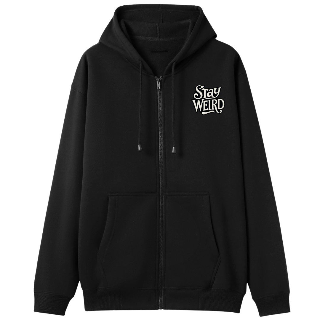 Black zip up hoodie front chest print reading Stay Weird
