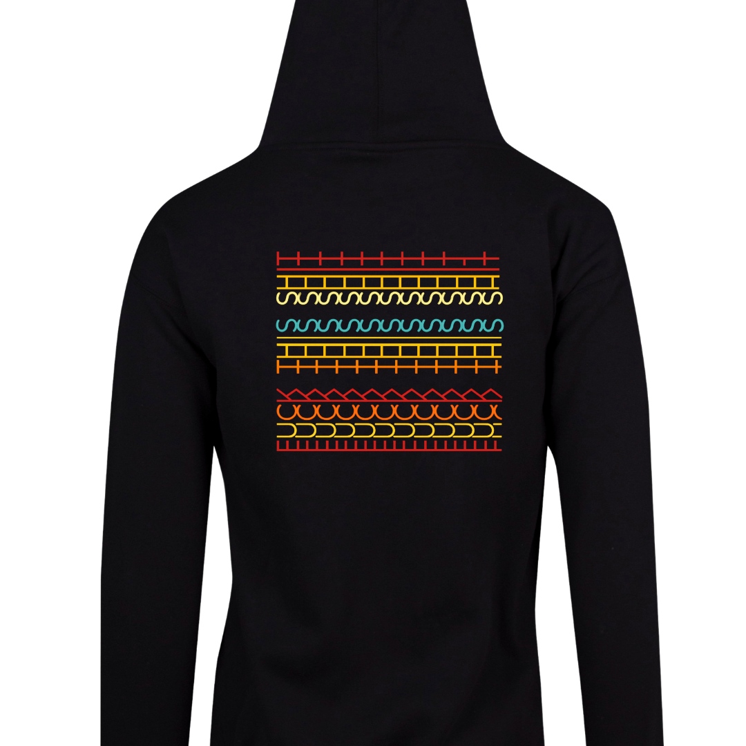 Black zip up hoodie back print of a colourful hand-stitch line pattern