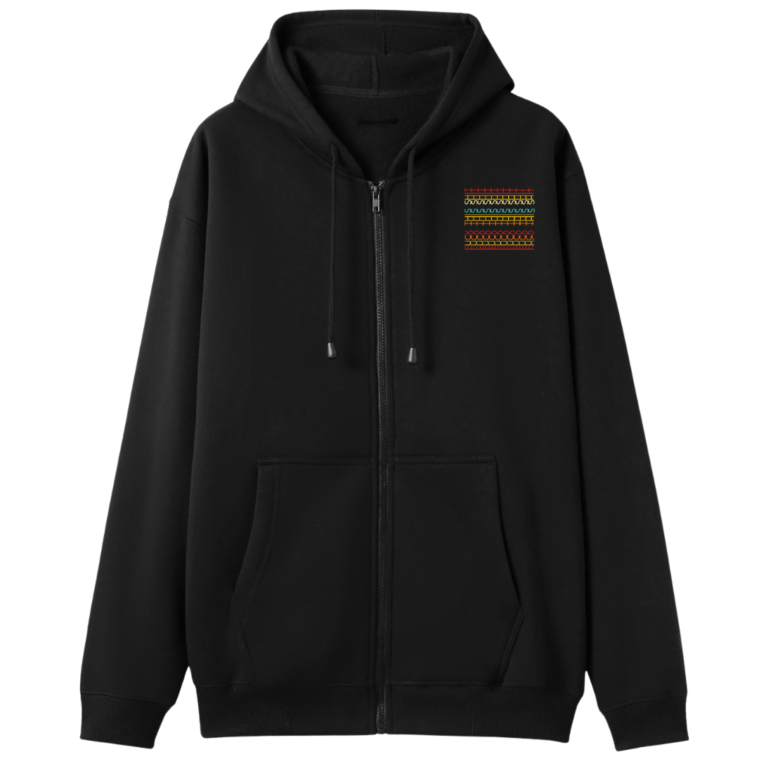 Black zip up hoodie front chest print of a colourful hand-stitch line pattern