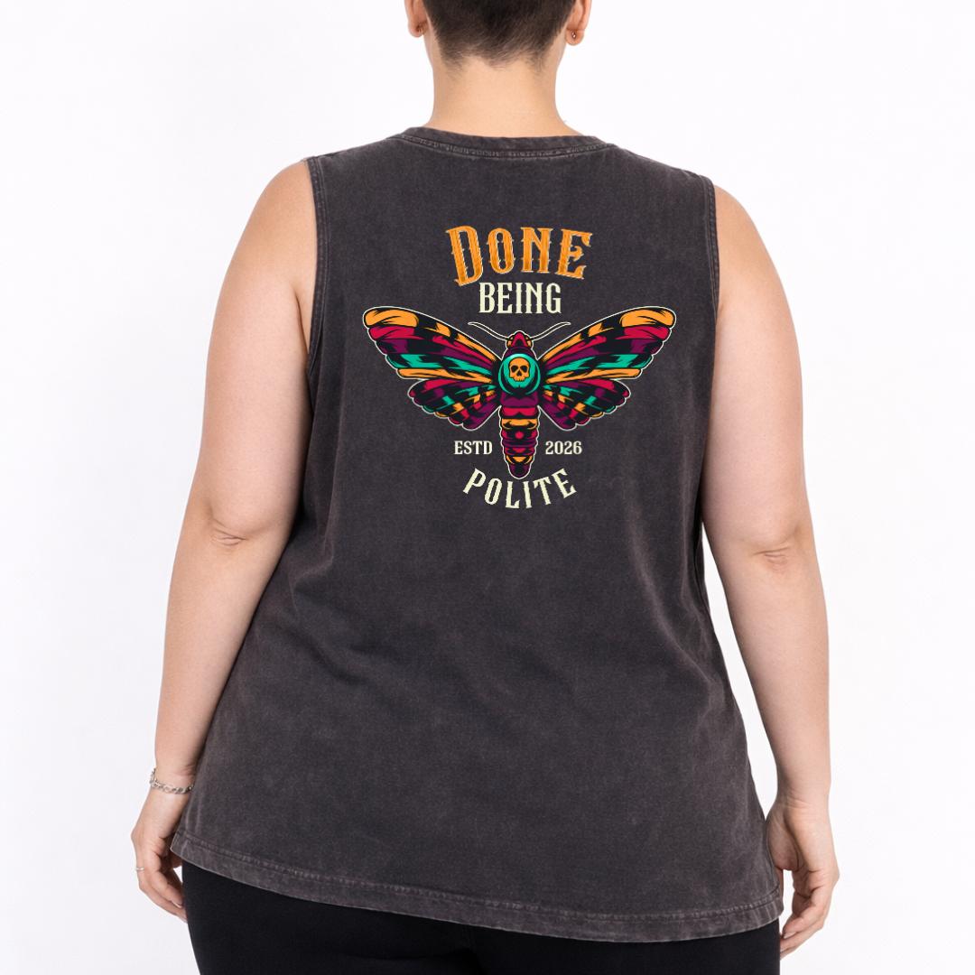 Done Being Polite black stone wash muscle tank women's plus size streetwear Australia sizes 8-22 Bae Bands