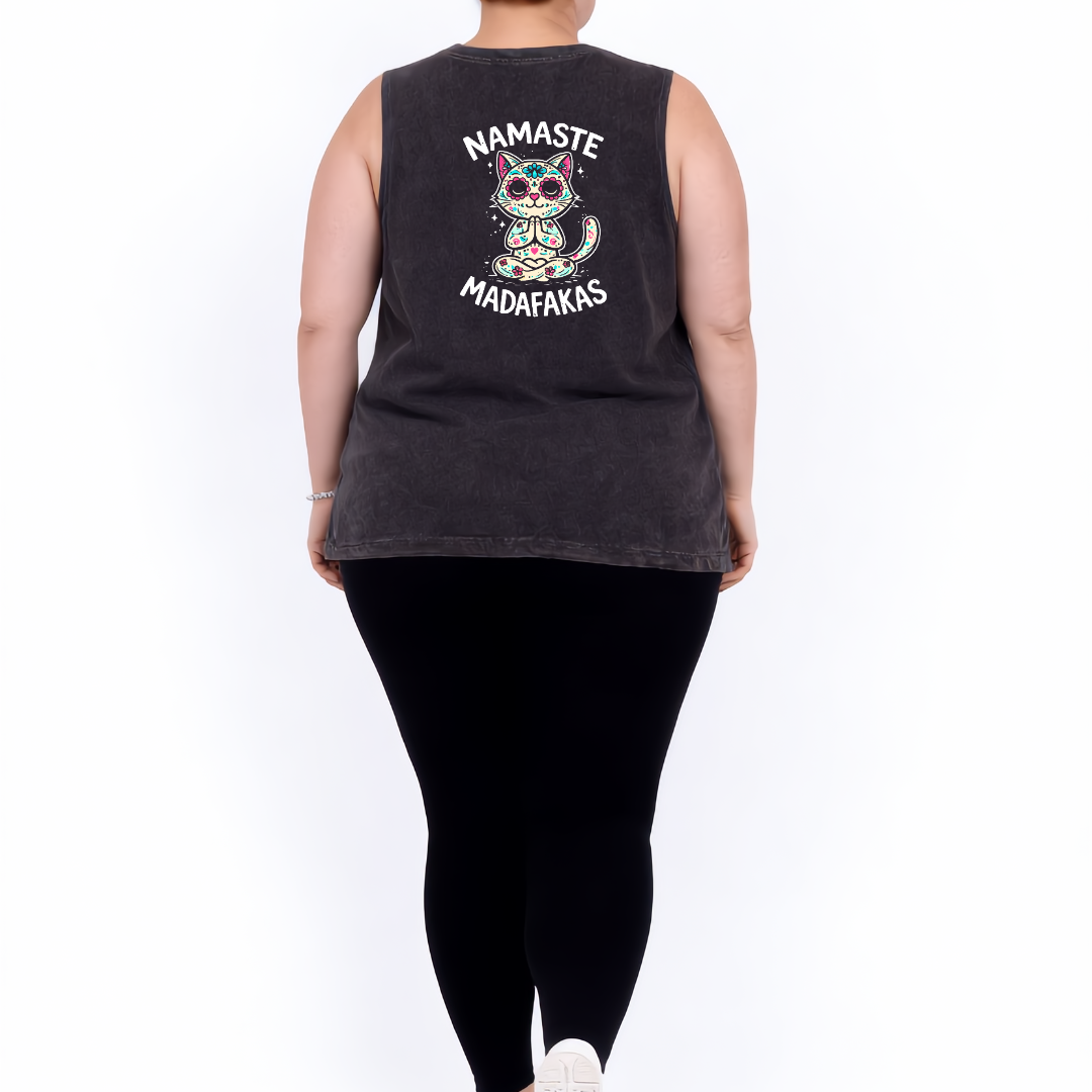 Namaste black stone wash muscle tank women's plus size streetwear Australia sizes 8-22 Bae Bands