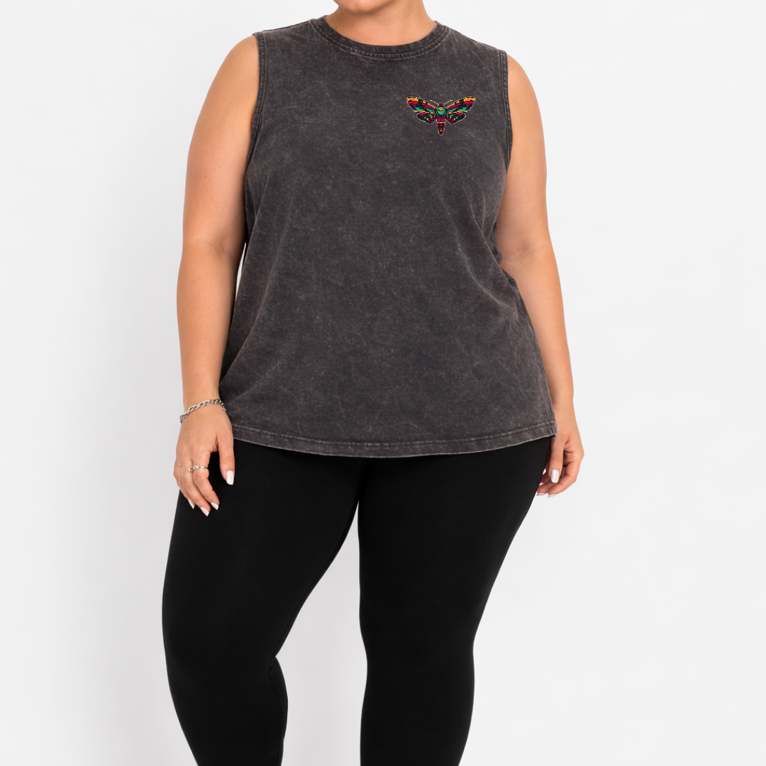 Done Being Polite bold back graphic print detail black stone wash muscle tank plus size women's Australia