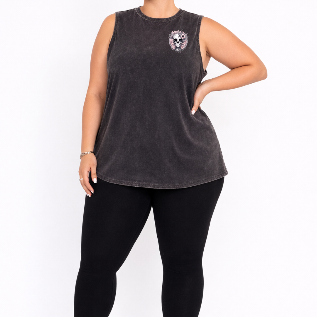 Roses and Bones skull and roses back graphic print detail black stone wash muscle tank plus size women's Australia