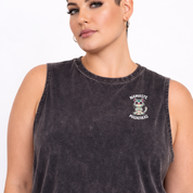 Namaste bold back graphic print detail black stone wash muscle tank plus size women's Australia