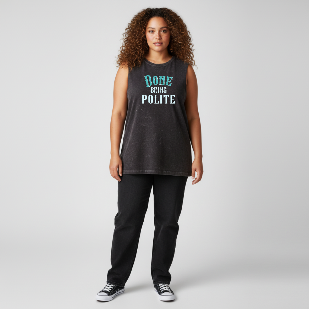 Done Being Polite College black stone wash muscle tank women's plus size streetwear Australia sizes 8-22 Bae Bands