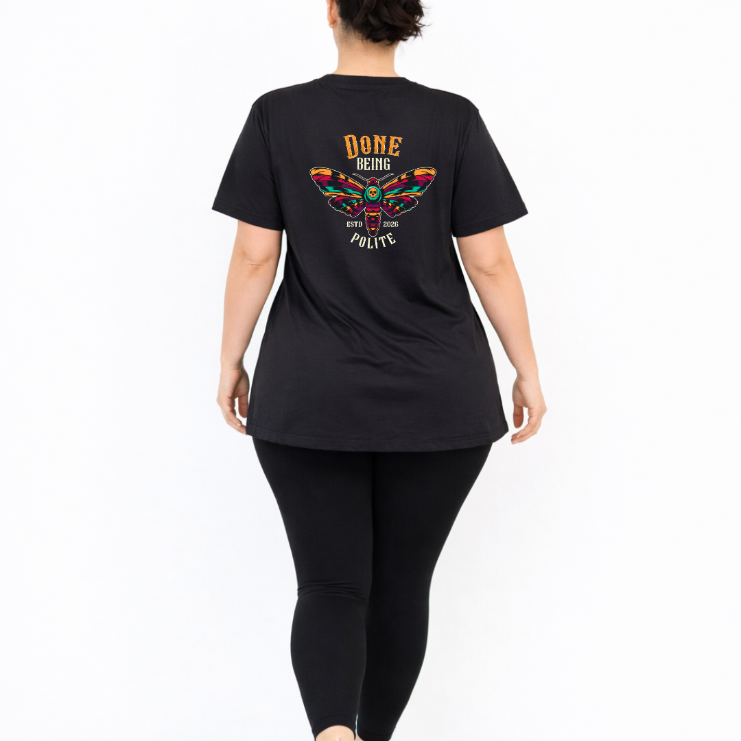 Done Being Polite bold graphic print detail oversized black cotton tee plus size women's Australia
