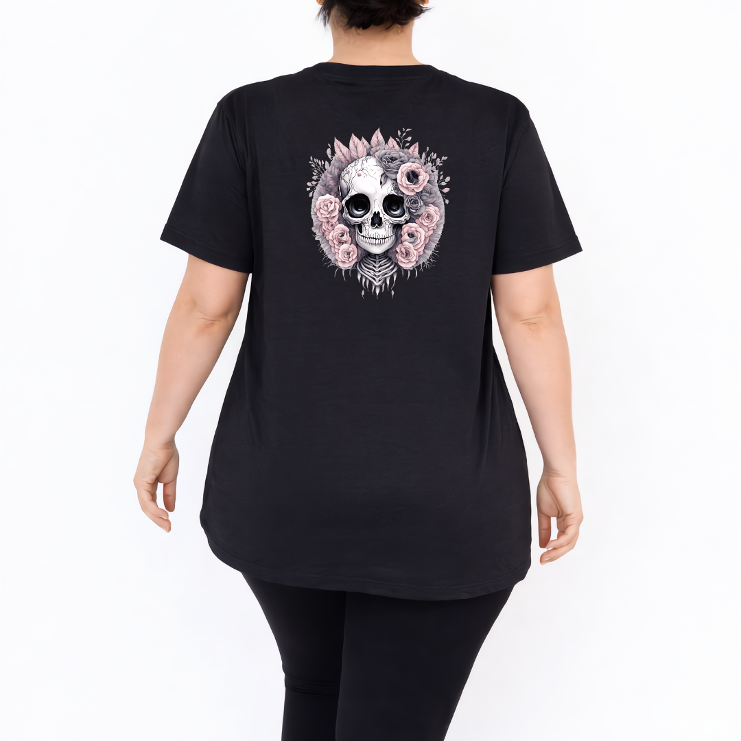 Roses and Bones detailed skull and pink roses graphic print oversized black V neck cotton tee plus size women's Australia