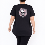 Roses and Bones detailed skull and pink roses graphic print oversized black V neck cotton tee plus size women's Australia