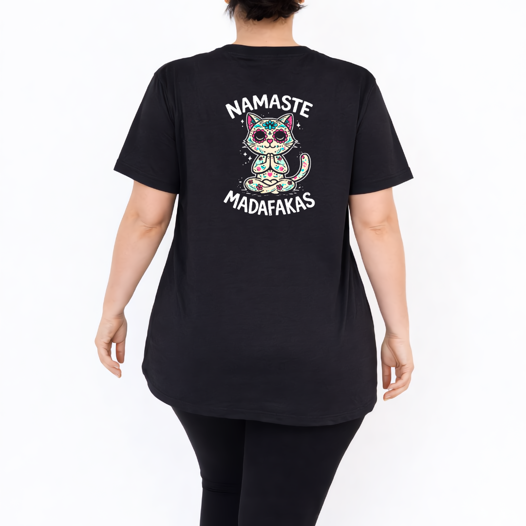 Woman wearing Namaste oversized black graphic tee plus size Australian streetwear brand Bae Bands